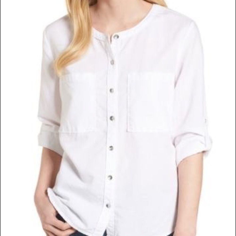 Caslon Linen Blend Roll Tab Long Sleeve Top -  Size Medium in White